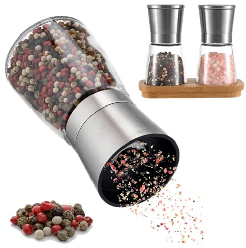 Zolmer® Macina sale e pepe con supporto in bambù – Set di 2 macinaspezie in acciaio inox e vetro – macina in ceramica regolabile, ricaricabile ed elegante per ogni cucina