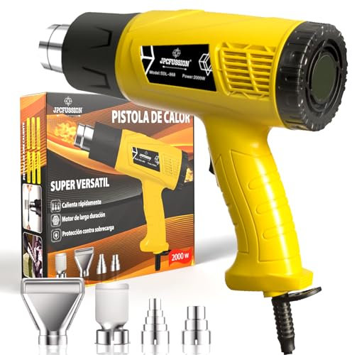 JPCFUSSION® Pistola de Calor 2000W | 2 Niveles de Temperatura 400–600 °C | KIT PREMIUM + 4 Boquillas | Manual en Español | Pistola de Aire Caliente para Madera, Pintura y Plásticos
