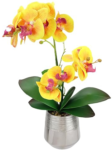 Flair Flower Orquídea Artificial Phalaenopsis con Hojas en Maceta, 42 cm, orquídea Artificial, decoración de Boda, Flores de Seda, con Maceta, Color Amarillo y Naranja