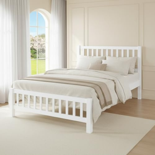 Reinforced Beds BANHAM BED – Heavy Duty Rubberwood, Solid Wooden Bed Frame, Shaker Style Design, 28mm Thick Slats (White, Double)