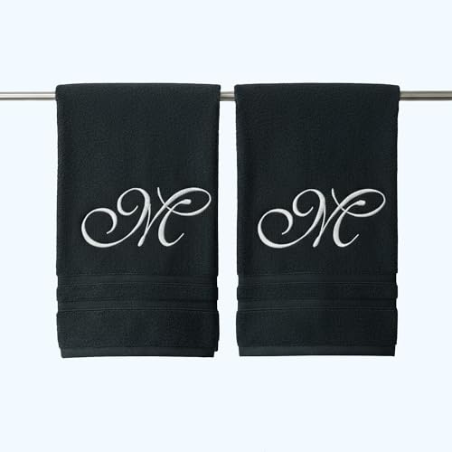 Hawmam Linen Black Hand Towels Set - 100% Turkish Cotton Monogrammed M Initial, 2 Pack Bathroom Hand Towels - Ideal Gift Hand Towel Set