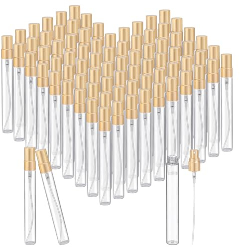 PH PandaHall 50pcs 10ml Verre Echantillon Parfum 10ml Flacons Vaporisateurs Verre Transparent Spray Flacons Doré Echantillon Parfum Vide Spray Portable Flacons Atomiseurs pour Voyage Cadeau