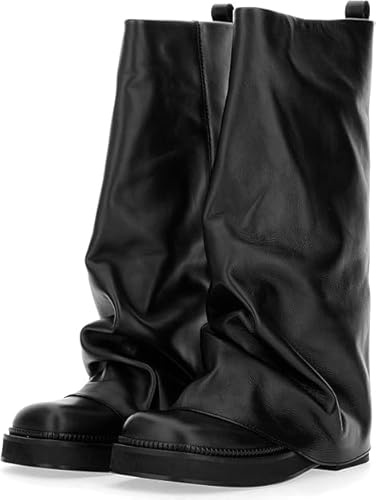 Women Slouchy Knee High Boots Casual Round Toe Pull On Riding Biker Boots Fold Over Chunky Low Heel Platform Boot Size 8