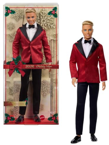 Barbie Signature 2026 Holiday Blonde Ken Collectible Fashion Doll Wearing Full Suit with Red Jacket in Displayable Packaging & Doll Stand