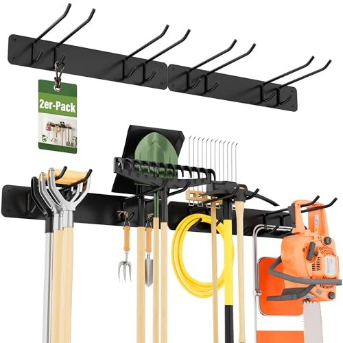 Urban Deco Gartengerätehalter Wandhalterung 150kg Tragkraft mit 4 Doppelhaken & 2 Paneelen – Pulverbeschichtetes Rostbeständiges Metall für Gartenwerkzeug, Besen, Schaufeln in Garage, Garten, Keller