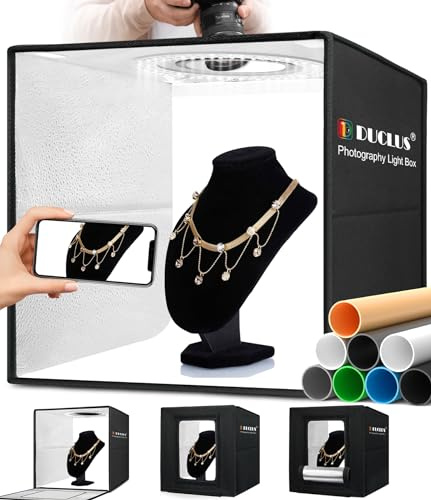 DUCLUS Light Box Photography, 16x16 Inch Photo Light Box with 160 Dimmable LED Lights (CRI 97+), 6 PVC & 2 Paper Backdrops, Portable Studio Box for Product Photography: Jewelry, Food, Shoes