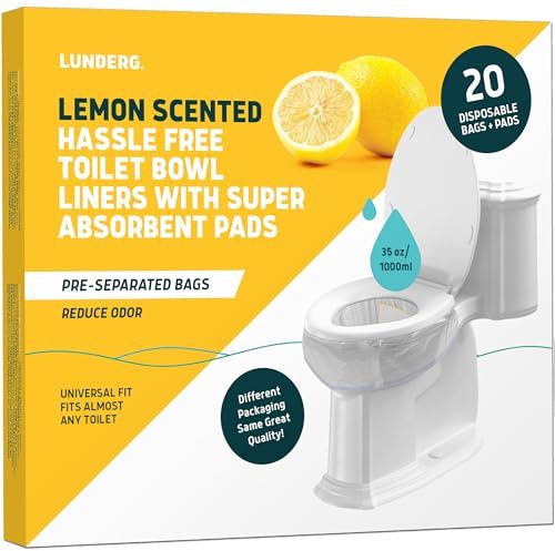 Lunderg Toilet Liners with Lemon Scented Super Absorbent Pads - Value Pack 20 Count Universal Fit - Disposable Toilet Bags - Convert any Home, Boat or Camping WC into a Dry Flush - Emergency must have