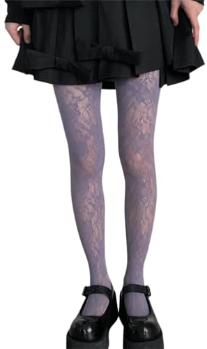 shownicer Collant Femme Sexy Bas Resille Mesh Y2K Extensible Filet élastique Noir Motifs Fleurs Fantaisie à Motif A Violet Taille Unique