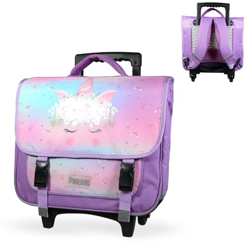 Bagtrotter - Cartable à roulettes 38 cm - Phileas Licorne Violet - Primaire - Bretelles et Dos rembourrés - roulettes & Poignée télescopique -Licence Officielle Phileas