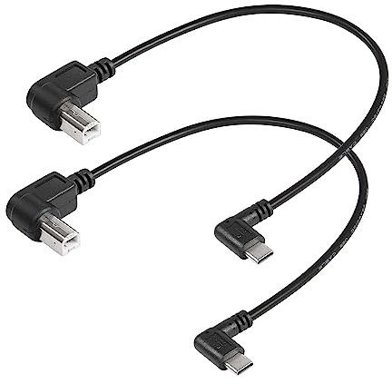 SinLoon 2-pack USB C-skrivarkabel 90 grader USB B till typ C-sladd 30 cm USB B hane till USB C hane för skrivare, MIDI-kontroll, skanner, digital piano MIDI-kontroll, DJ-kontroll (höger + höger)
