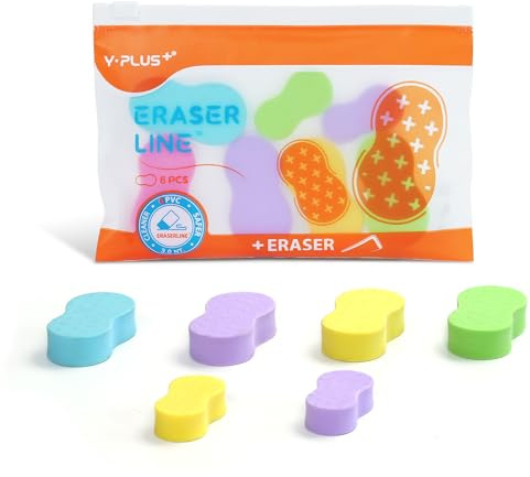 Yplus Eraser Line - Hipolymer Pencil Erasers for School Office, Cute White Rubber Eraser for Kids, Artist No Residues, 6 Pcs Multicolors