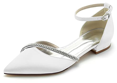 LRMYMHY Mujer Bailarinas De Boda Correa En El Tobillo con Diamantes De Imitación Satén Punta Cerrada Zapatos Planos De Novia Dama De Honor,Blanco,41 EU