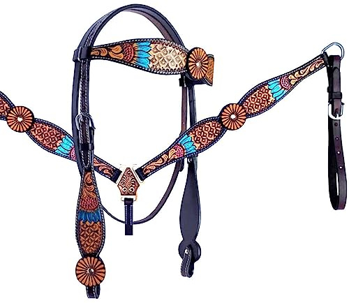 Western Saddle Horse Bridle Bridle Chest Collar Tack Set Leather Flowers Tooled Handmade Breastplate ME-HBC-117F Full Size