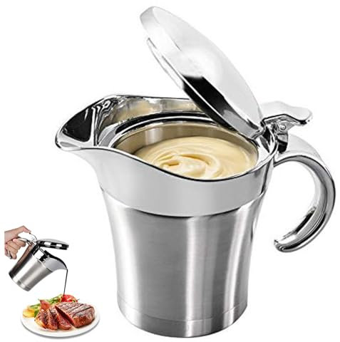 Saucière isolée Saucière Pichets à sauce pour servir du lait chaud Réchauffeur de sauce en acier inoxydable de 15 oz avec couvercle Saucière thermique à double paroi pour dîner, restaurants, fêtes, No