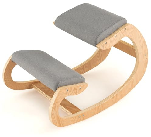 FIREFLOWERY Ergonomic Kneeling Chair, Wooden Posture Chair W/Extra Padding for Back Neck Pain Relief & Improving Posture, Rocking Meditation Stool W/Knee Support for Home Office (Grey)