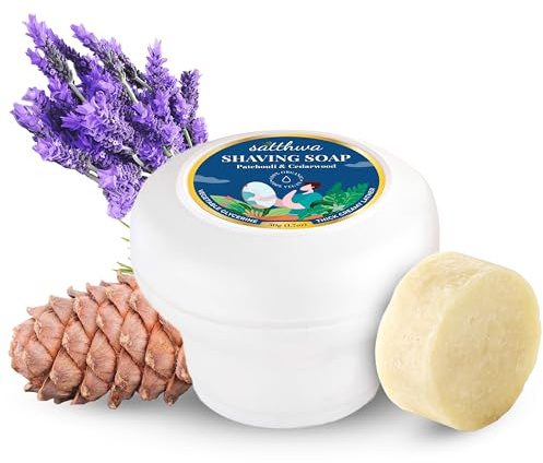 Satthwa Organic Shaving Soap Puck infused with Patchouli & Cedarwood | Create the Perfect Lather | Excellent for Silky Smooth Shaves | Hydrates and Shields, 50g (1.7oz)