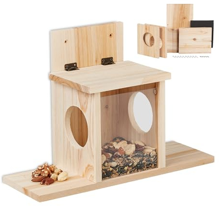 Relaxdays Kit de construcción alimentación Comedero para Ardillas DIY, Casa Alimentadora para Montar, Madera, 2 Entradas y Plataforma, Colgante, Natural, 24 x 35 x 13 cm