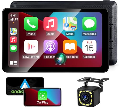 Wireless Apple CarPlay Android Auto Screen, Car Stereo 7 Touch Screen with HD Reversing Camera Portable Navigation Radio Vedio Player with Bluetooth WiFi, Live Navigation, Voice Control, Mirror Link