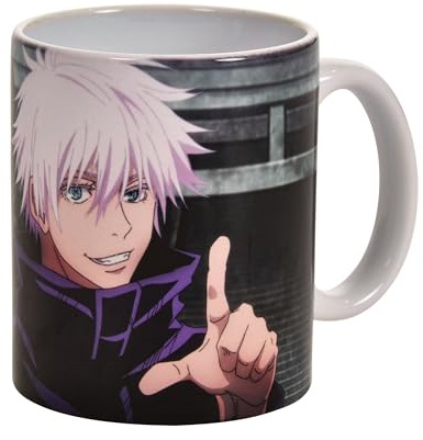 Elbenwald Jujutsu Kaisen Kaffeetasse mit Satoru Gojo und Logo Rundumdruck - 320 ml Fassungsvermögen 9 cm Höhe - Kaffeebecher für Anime-Fans - Keramik - Mehrfarbig