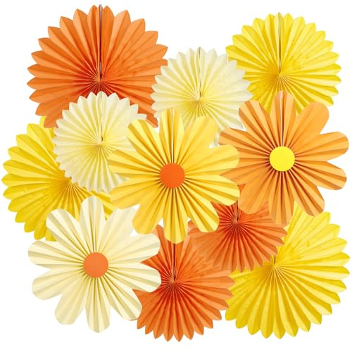 EASY JOY 11Pcs Paper Flowers Decorations Orange Yellow Daisy Hanging Paper Flower Fans Daisy Party Decorations Floral Classroom Decorations for Summer Garden Birthday Baby Shower Wall Backdrop