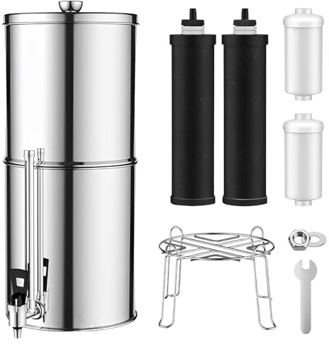 Sistema de Filtración por Gravedad de 11 L, Filtro de Agua de Acero Inoxidable para Encimera con 4 Elementos Filtrantes y Grifo, Purificador de Agua Potable para Hogar, Camping y Exterior
