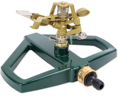 WPPQWP Irrigatore per prato, grandi superfici con base in metallo, irrigatore a impulsi per superficie massima di irrigazione 490 m², rotazione automatica a 360°, irrigatore per prato e giardino (oro)
