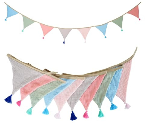 Fabric Bunting Banner with Tassel, 10PCS Double Sided Cotton Bunitng, 2.6m Baby Bunting for Nursery, Green Fabric Triangle Garland for Nursery/Baby Shower/Brithday/Party (Morandi Colours)