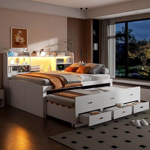 Zravenna Cama de día extensible de madera, 140 x 200 cm, cama nido con 3 cajones, mesita de noche, cama con somier, sin colchón. (blanco)