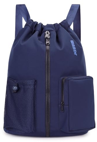 WANDF Mochila con Cordón con Zapatero, Bolsa Deporte Impermeable Hombre Mujer Niños, Gran Capacidad, Resistente Ligera, Ideal Gimnasio, Natación, Viaje y Colegio,Azul Marino