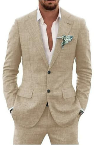 Traje de lino para hombre de 2 piezas, traje de corte ajustado para hombre, verano, boda, novio, baile de graduación, chaqueta de esmoquin y pantalones, champán, L