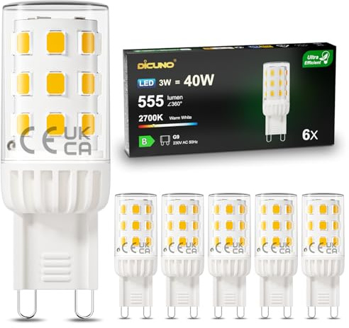 DiCUNO Bombilla LED G9 3W Clase B, Equivalente a 40W Halógena, Blanco Cálido 2700K, 555 Lúmenes, LED G9 Eficiente y Duradera para Dormitorio, Salón y Cocina, No Regulable, 6 Piezas