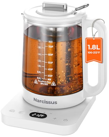 Narcissus Electric Kettle Temperature Control ±5℉, 1.8L Glass Electric Tea Kettle with Removable Infuser for Flowers & Fruit Tea, 1200W Fast Boiling, 6 Hours Keep Warming, White