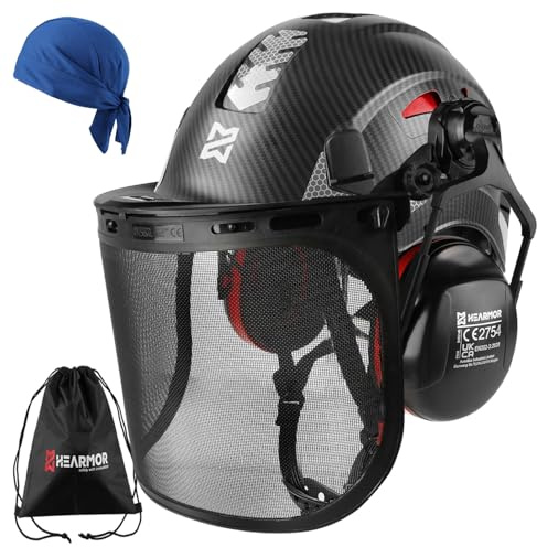 HEARMOR VOLTEK Ensemble de casque de sécurité forestière 5 en 1 avec casque rigide en ABS avec protège-oreilles, visière, capuchon de sudation et sac de transport, design confortable et ventilé pour