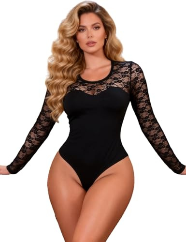 comeondear Body de Encaje Mujer Fiesta Body Sexy Mangas Largas con Corchetes Lenceria Sexy Tallas Grande Bodysuit Cuello Redondo Top Cómodo y Suave Ropa de Club Leotardo Nocturna de Cita Negro,XXL