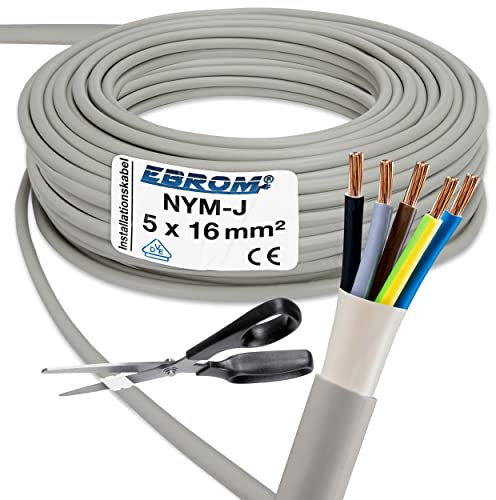 EBROM NYM-J 5 x 16 mm² - Câble gainé - Câble d'installation - Câble pour pièces humides - Raccordement domestique - Gris - Sélection par incréments de 1 mètre, exact au mètre - Votre choix : NYM-J 5 x