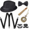 Sinoeem 1920s Herren Accessoires Inklusive Panama Gangster Hut Verstellbar Elastisch Hosenträger Herren Halsschleife Fliege Taschenuhr und Plastik Zigarre (Schwarz)