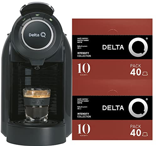 Delta Q Qool Evolution Kaffeekapselmaschine, Schwarz, 19 bar, Fassungsvermögen 1 l, inklusive 2 Packungen mit 40 Qalidus-Kaffeekapseln der Stärke 10