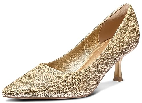 mysoft Kitten Heels for Women Low Heel Pumps 2 Inch Closed Toe Wedding Dress Shoes Gold