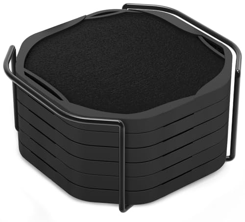 UMIRRO Black Octagon 4 Felt & Silicone Drink Cup Coasters Set of 6 with Holder - Super Absorbent, Built-in Leak Protection, Non-Stick, Modern Coasters for Coffee Table, Desk & Home Decor