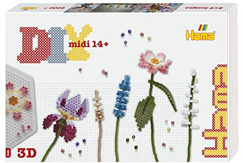 Hama Perlen 3621 Bügelperlen Blumenstrauß mit 3D Effekt, Geschenkbox mit ca. 6000 Midi-Perlen, inkl. 3 sechseckigen Stiftplatten, Motivvorlage, Bügelpapier, für Kinder ab 14 Jahren
