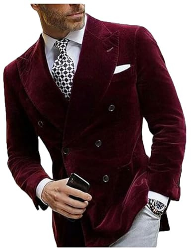 Mi Bo Tong Mens Double Breasted Velvet Blazer Peak Lapel Dinner Jacket for Men Prom Party Coat, Burgundy, 40