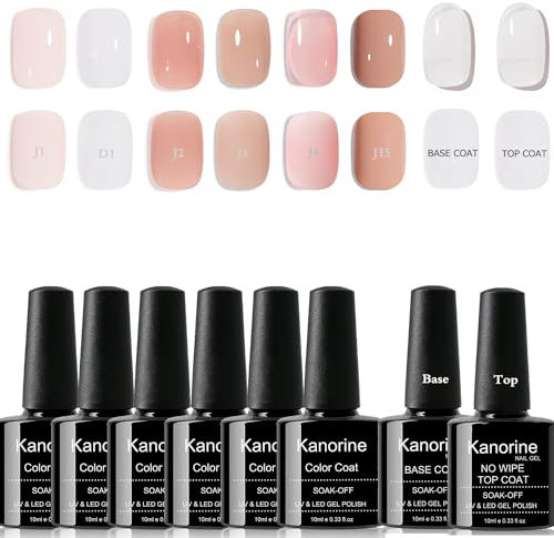 Kanorine 8PCS Jelly Gel Nail Polish Set,6 Jelly Nude Gel Nail Polish & Base Coat Top Coat Set Pink Milky White Rose Sheer Clear Crystal Translucent French Manicure UV/LED Gel Nail Polish Kit 10ml