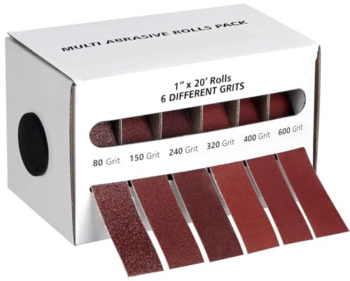 Emery Cloth Roll, 6 Grits 1'' x 19.7' Sand Paper Roll with Dispenser, 80 150 240 320 400 600 Grit Sandpaper Assortment, Wet Sanding Paper for Metal Automotive Furniture Wood