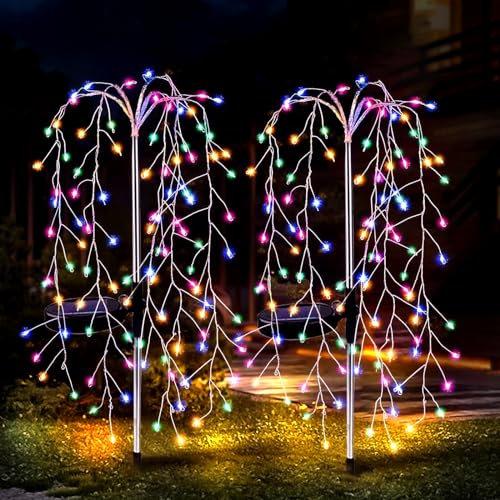 JIMACRO 2 Stück LED Solar Gartenleuchte, 6 * 20LEDs Solarfeuerwerk Little Willow Tree Light, 8 Modi Wasserdicht Kupferkabel Solarleuchten Feuerwerk Gartendeko für Außen Terrasse Hinterhof Weg Rasen