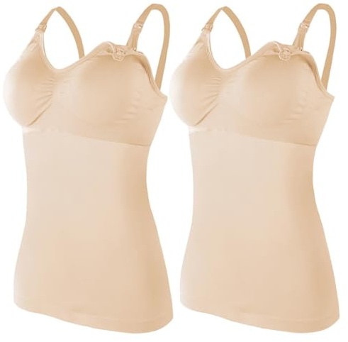 ZESLIV 2 Pezzi Top da Donna per Allattamento, Canottiera Sottoveste con Reggiseno Integrato, Reggiseno Senza Ferretti per Gravidanza, Top per Maternità Senza Ferretti, color carne, L