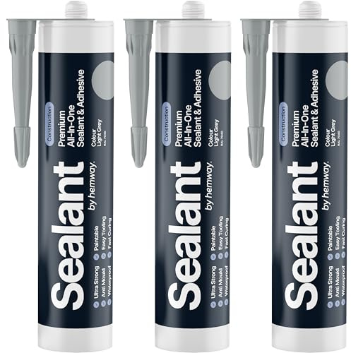 Light Grey Construction Sealant & Adhesive All-In-One Hybrid Polymer | Superior to Silicone Sealant | Waterproof, Odourless, Anti-Mould, Paintable | Kitchen Bathroom Outdoor - 300 ml 3 Pack