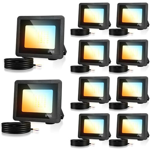 Herrselsam LED Strahler, 10x20W Dimmbar LED Scheinwerfer Flutlicht, 3 Farbtemperatur 3000K/4000K/6500K, IP66 Wasserdicht Aussenstrahler Superhell 1900LM LED Strahler Außen(kein Stecker)