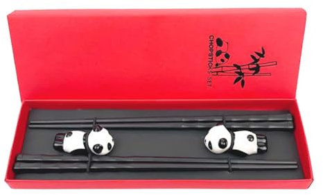 0XBIT Bacchette Cinesi, 2 Pezzi Personalizzati Chopsticks, Riutilizzabile Bacchette Sushi, Viene Fornito con 2 Porta Bacchette Ceramica Panda, Stoviglie Stile Cinese, per Casa, Ristorante Regalo