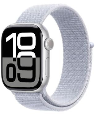 Apple Watch Series 10 (42 mm GPS) Montre connectée avec Boîtier en Aluminium Argent et Boucle Sport nuée Bleue. Suivi de l’activité Physique, app ECG, écran Retina Toujours activé, Neutre en Carbone