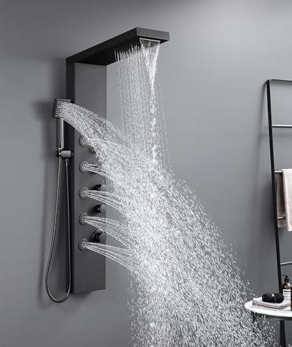 ROVATE Shower Panel Tower System with Rainfall Waterfall Shower Head, Elegant Matte Black 4-in-1 Shower-Tower with Jets and Handheld, Stainless Steel Shower Column High Pressure